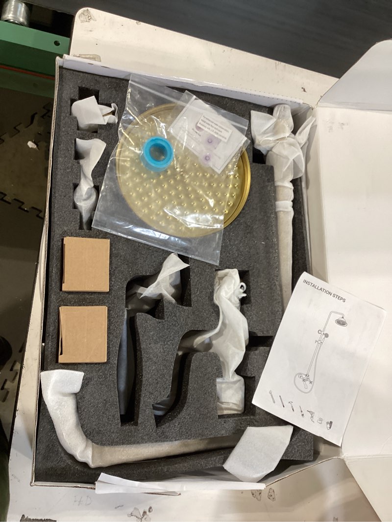 Condition photo showing Good Condition for brushed-gold antique shower-system with tub spout: 9 inch rain faucets set in wall, rainfall head and handheld spray, 3 way diverter brass valve with trim kit brushed gold