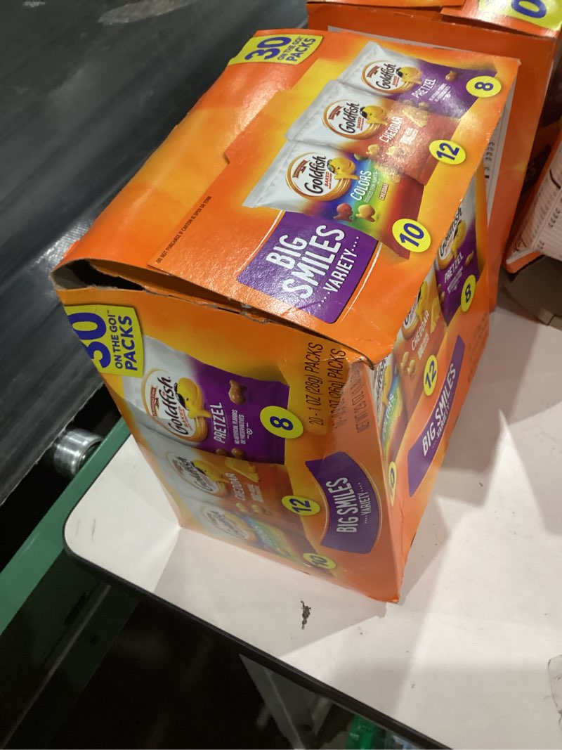 Condition photo showing New/Like New for Goldfish Crackers Big Smiles Variety Pack with Cheddar, Colors, and Pretzels, Snack Packs, 30 Ct