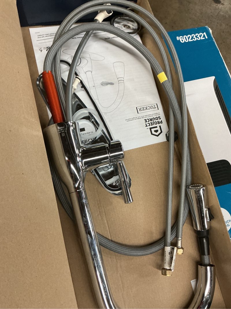 Condition photo showing As Is for Project Source Tucker Chrome 1-Handle Deck-Mount Pull-Down Handle Kitchen Faucet