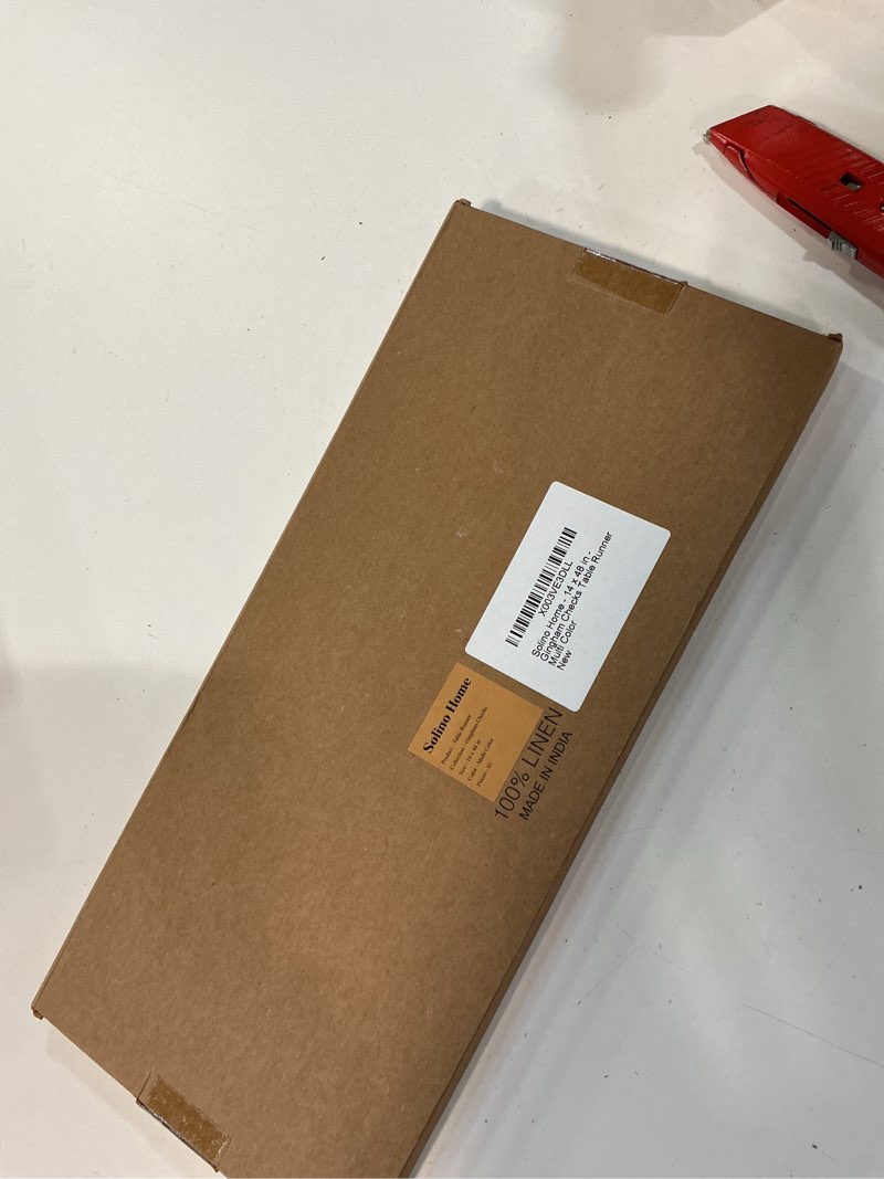 Condition photo showing New/Like New for Solino Home Linen Gingham Table Runner 36 Inches - 100% Pure Linen Multicolor Checkered Table Runner 14 x 36 Inch Ideal for Dresser and Coffee Tables - Fall, Autumn, Halloween, Thanksgiving Multi Color 14 x 36 Inch