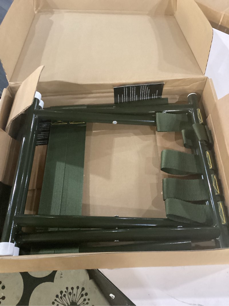 Condition photo showing Good Condition for portable camping chair, full steel frame folding stool with back, 400lbs capacity military green outdoor chair for adults, heavy-duty webbing seat, compact foldable design for hunting, fishing, hiking