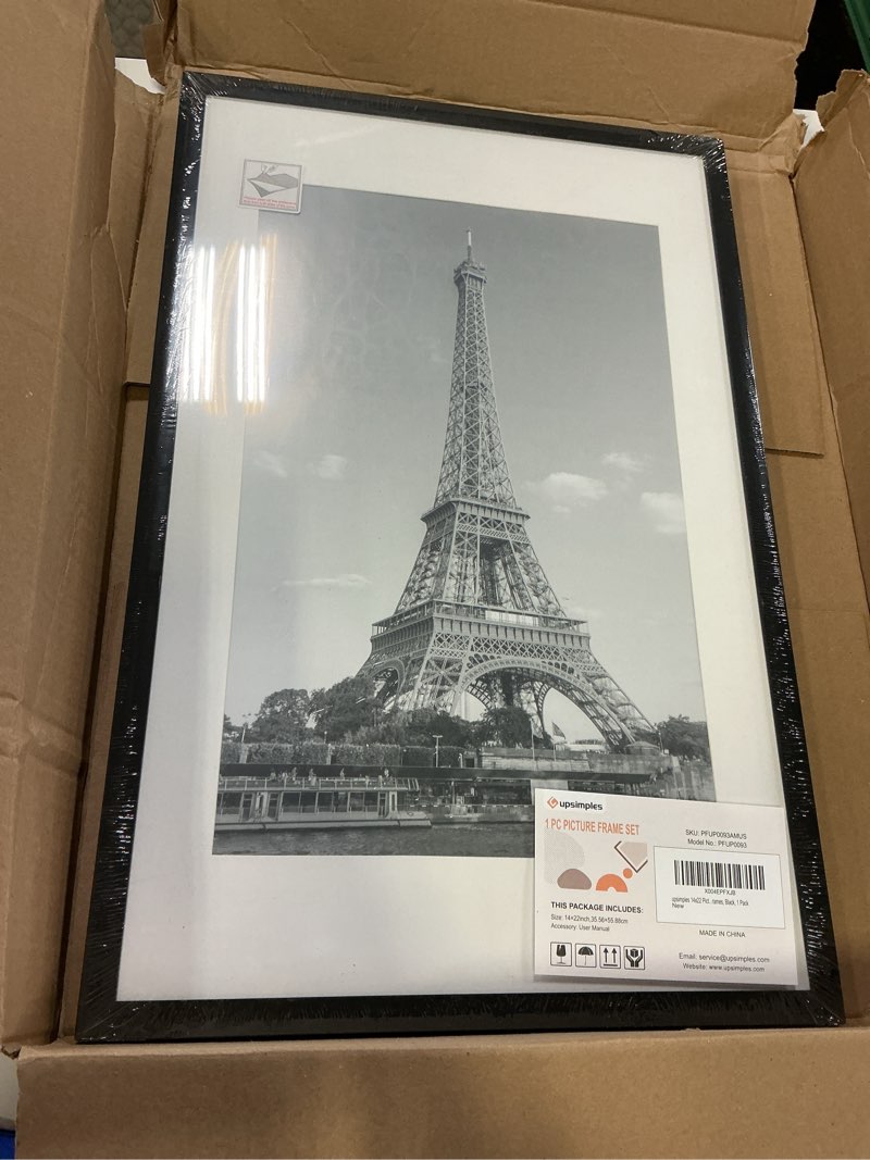 Condition photo showing Good Condition for upsimples 14x22 picture frame, display pictures 11x17 with mat or 14 x 22 without, wall hanging newspaper frames, black, 1 pack black 14x22