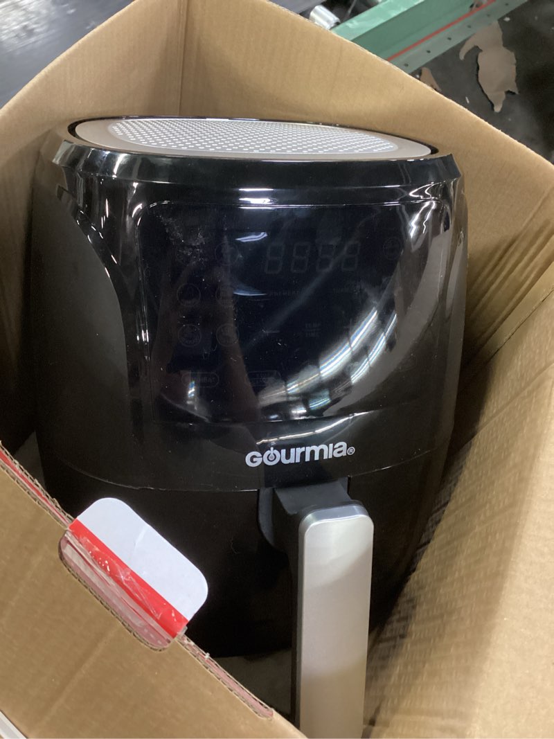 Condition photo showing As Is for Gourmia Air Fryer - 4 Qt Capacity, FryForce360º, Digital Display with 8 Presets, Roast, Bake, Broil, Dehydrate, Dishwasher Safe Accessories, Compact, Black 4 Quart Black