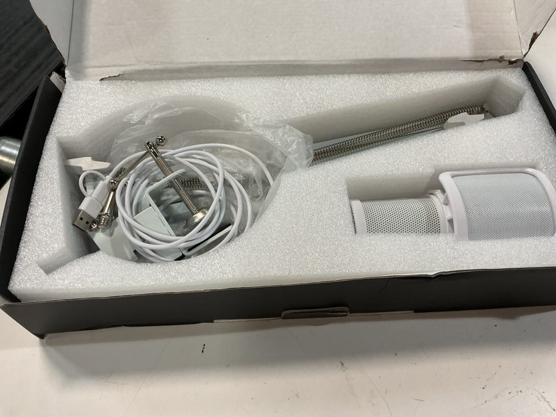 Condition photo showing As Is for gaming usb microphone, noise cancellation condenser mic with mute,boom arm mic-reverb adjustment, monitoring for streaming, podcasting, discord, youtube,pc, computer, ps4, ps5, mac-white