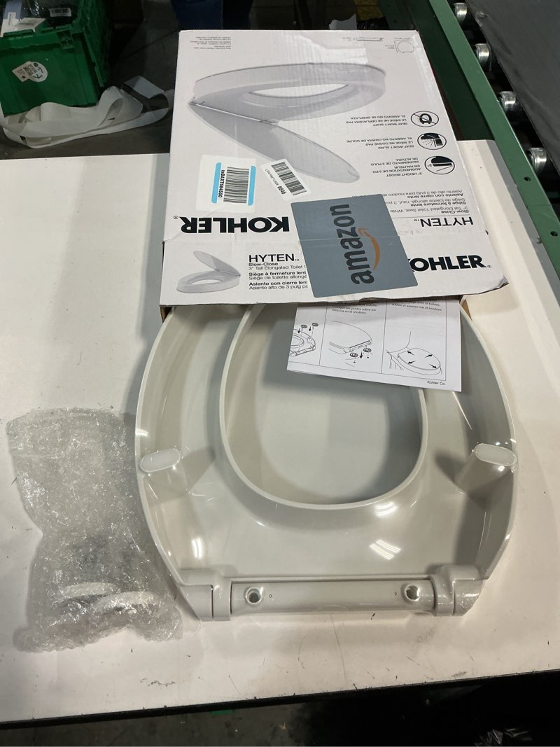 Condition photo showing New/Like New for KOHLER 25875-0 Hyten 3" Height, Elevated Soft Close Elongated Toilet Seat, Contoured Seat with Grip-