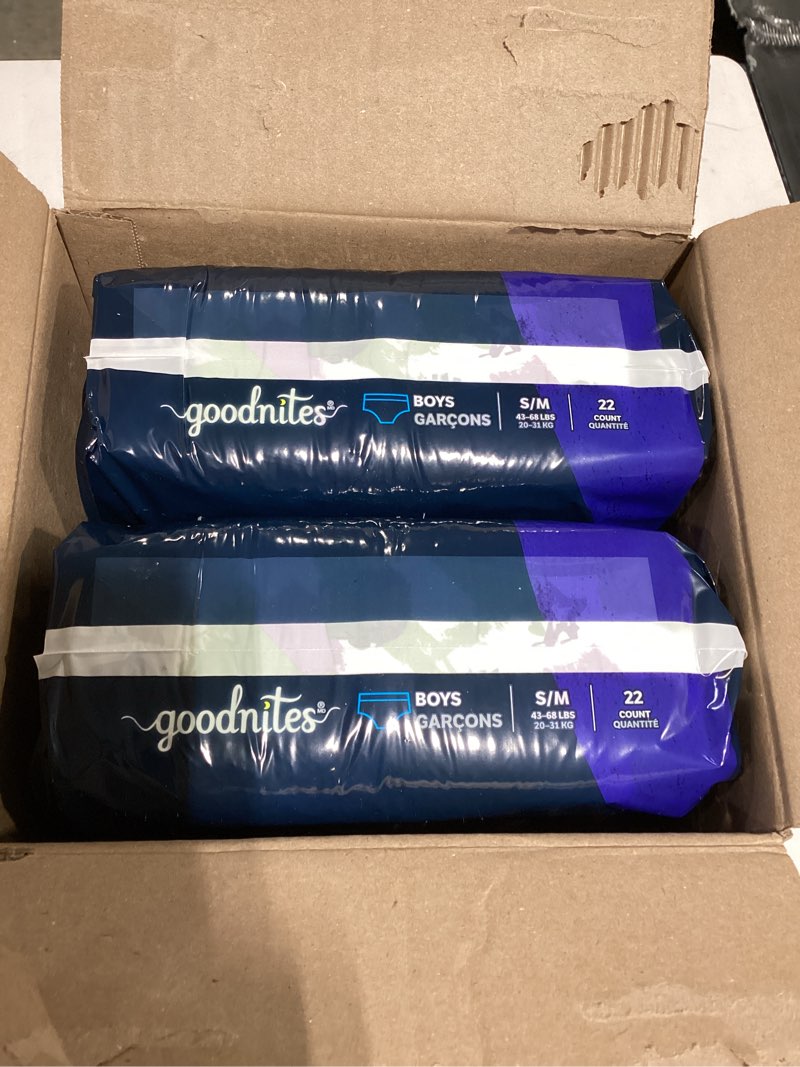 Condition photo showing New/Like New for goodnites boys' nighttime bedwetting underwear, size s/m (43-68 lbs), 44 ct (2 packs of 22), packaging may vary small/medium 44