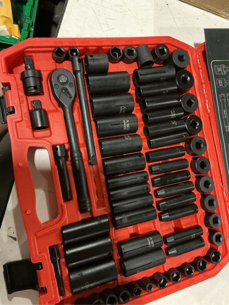 Condition photo showing Good Condition for (missing 2 pieces) eaceliy 64pcs 3/8\" socket set,drive impact socket set, sae/metric, deep & shallow, cr-v steel, 6 point with adapters, 72t ratchet handle, extension bars?bit adapter?6-24mm?5/16-1 inch 64 pcs (5/16\"-1\")