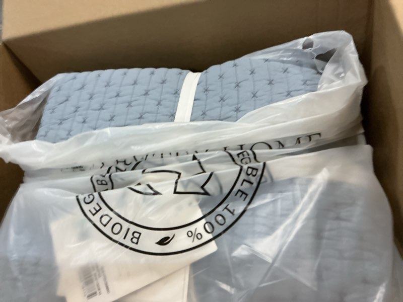 Condition photo showing New/Like New for levtex home - cross stitch chambray quilt set - full/queen quilt + two standard pillow shams - cross stitched pattern - quilt size (88x92in) and pillow sham size (26x20in) - reversible - cotton fabric quilt - full/queen chambray