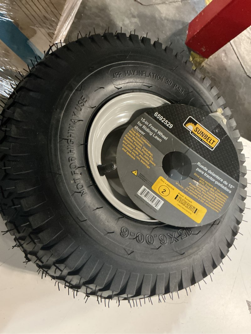 Condition photo showing As Is for sunbelt 15-in x 6-in-6 in front wheel for riding mower/tractor