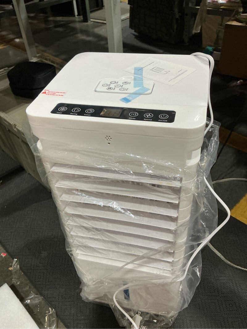 Condition photo showing As Is for air choice swamp cooler, 3000cfm 31" evaporative air cooler, 5.5gal removable tank & 4 ice box, 120° oscillation, 3 speeds, remote, 12h timer, 3-in-1 air cooling fan for outdoor, office, bedroom, grey grey (4 ice packs, removable tank)