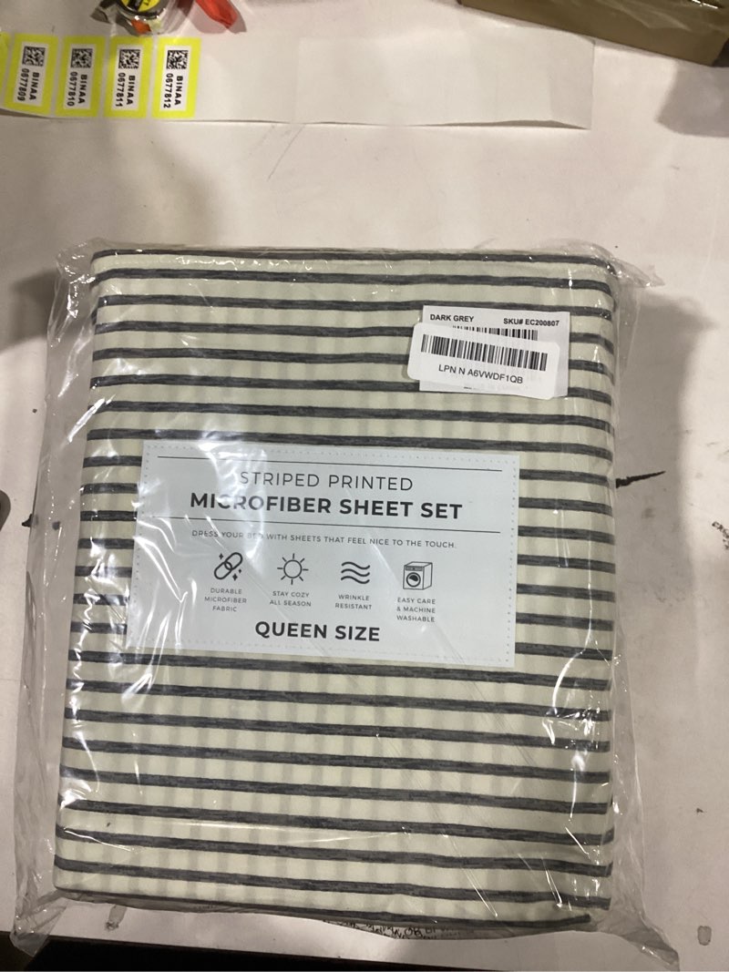 Condition photo showing Good Condition for 4-Piece Queen Size Stripe Microfiber Sheet Set - Ultra-Soft, Brushed Bedding Sheets & Pillowcases - Wrinkle Free, Comfortable, All-Season Bed Sheets (Dark Grey) Queen 02 Stripe - Dark Grey