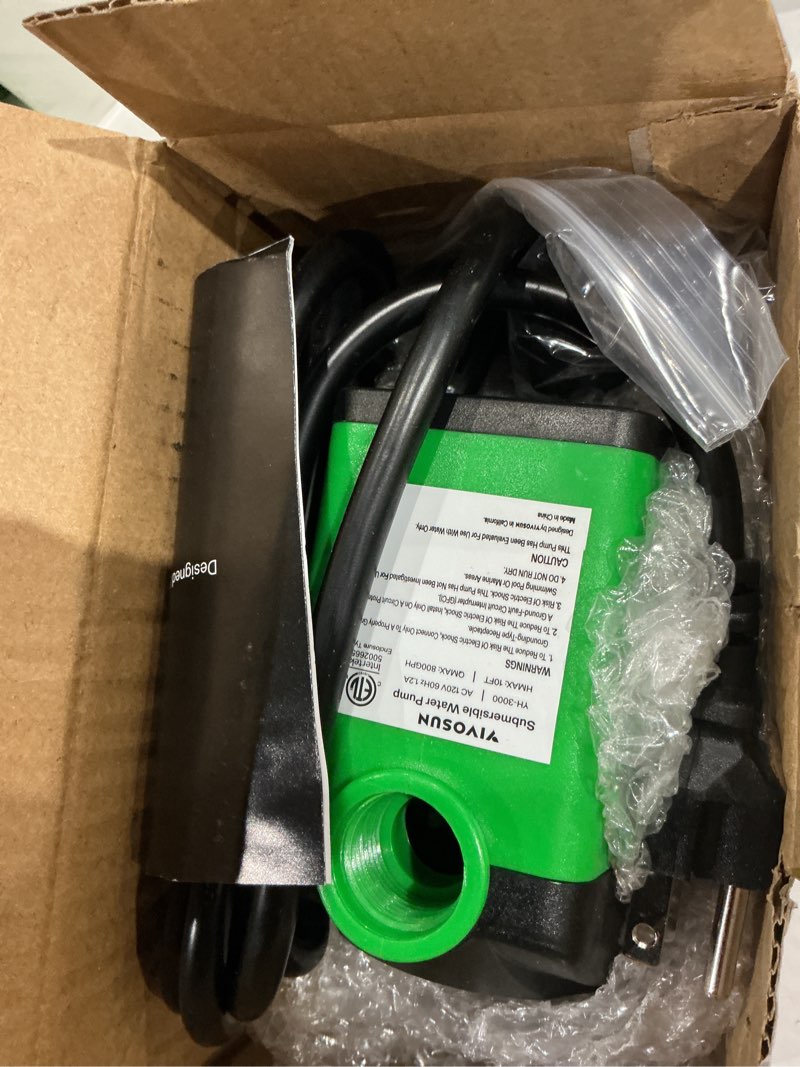Condition photo showing As Is for vivosun 800gph submersible pump(3000l/h, 24w), ultra quiet water fountain pump with 10ft. high lift with 6.5ft. power cord, 3 nozzles for fish tank, pond, aquarium, statuary, hydroponics green