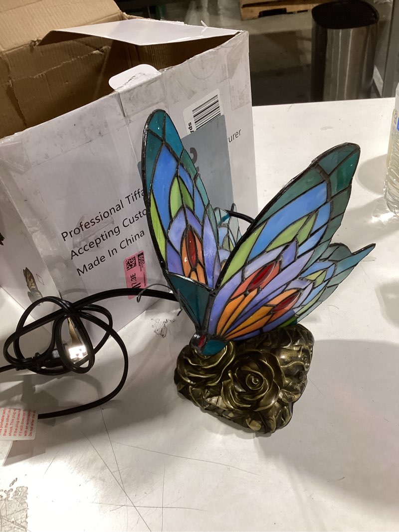 Condition photo showing As Is for Bedside Table Lamp LED Tiffany Blue Fairy Butterfly Nightstand Table Lamps Stained Glass Shade ON Off Switch Home Office Desk Lamp Night Light Girl Grandma Mothers Day Gifts W/Gift Box