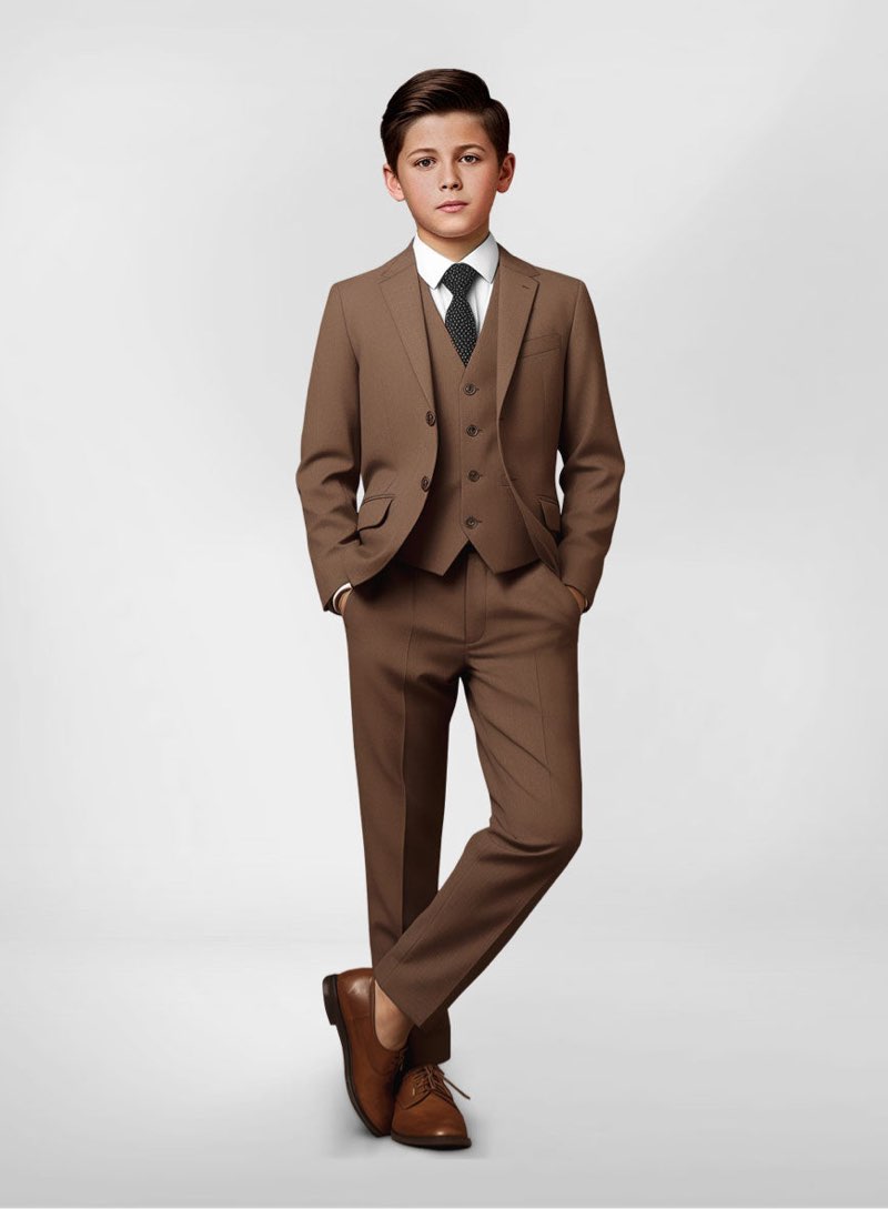 CloudCloth Boys' Slim-Fit Solid Suit Ensemble with Shirt and Tie, Brown