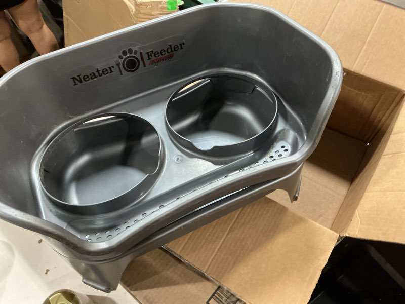 Condition photo showing Good Condition for neater feeder express mess proof dog bowls elevated for medium to large sized breed, no spill raised dog food bowl stand, stainless steel food and water bowl set, pet dish feeding station, grey medium to large gunmetal grey