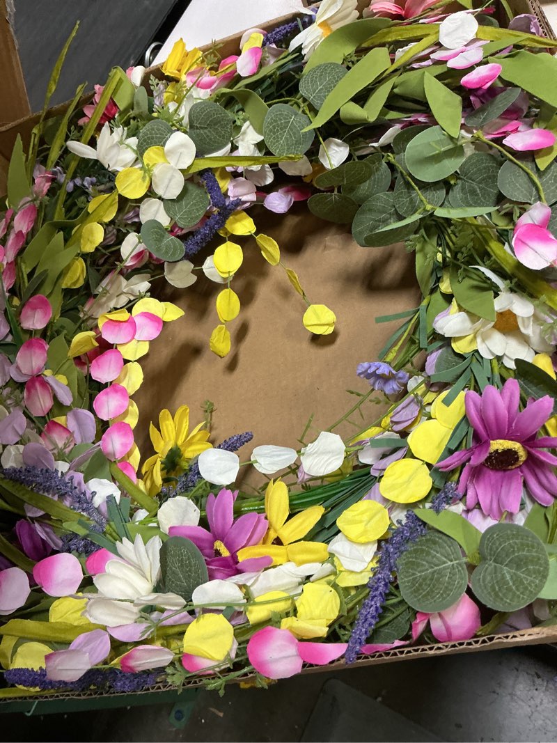 Condition photo showing Good Condition for yawwind 22 inches summer wreaths for front door spring flower wreaths summer door wreath colorful wildflower wreath with daisy lavender for window indoors outdoor decor