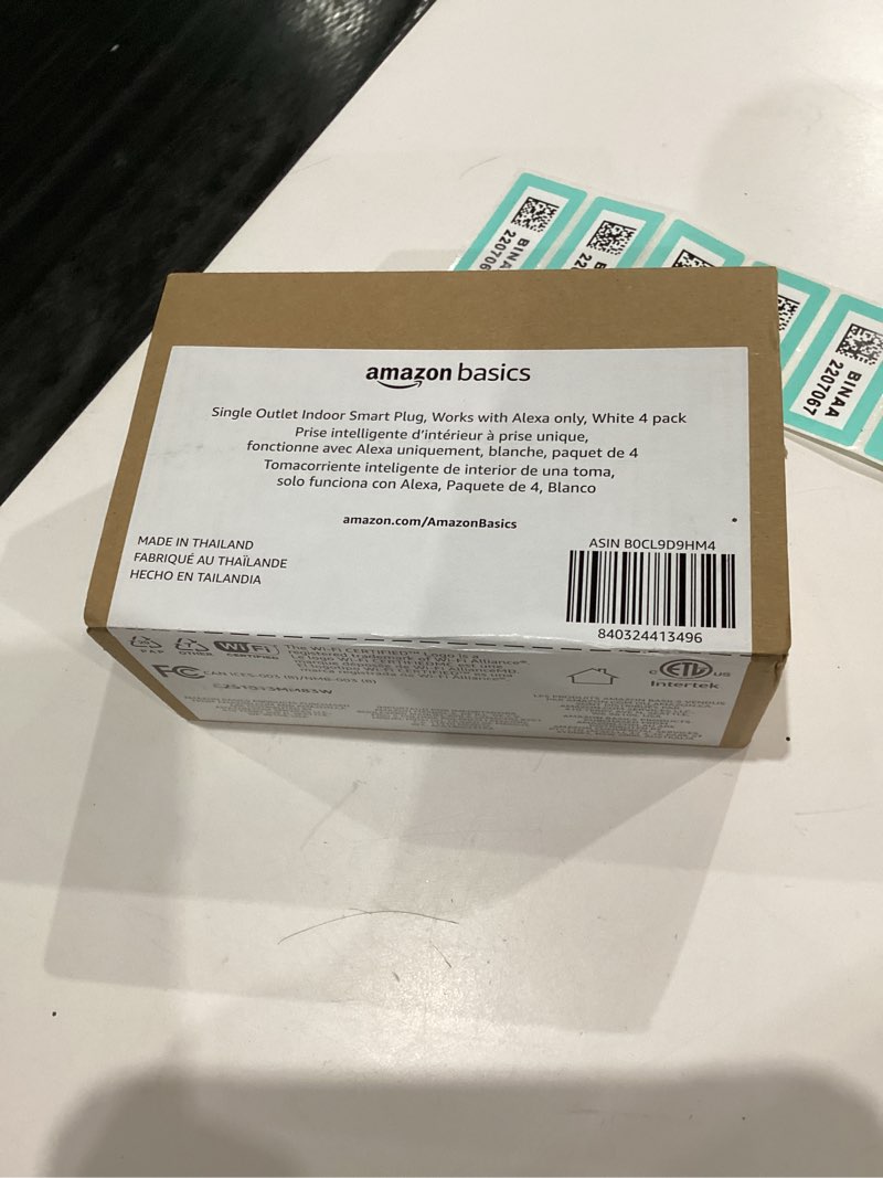 Condition photo showing New/Like New for Amazon Basics Smart Plug, Works with Alexa Only, 2.4 GHz Wi-Fi, No Hub Required, 4-Pack, White 4 pack Alexa Only