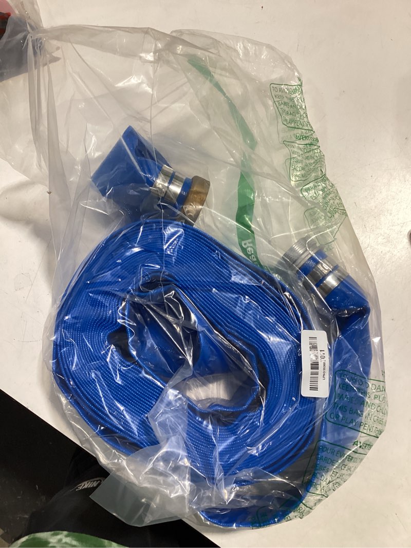 Condition photo showing As Is for davco 2" id × 50 ft pool backwash hose, heavy duty reinforced blue pvc lay flat water discharge pump hoses for swimming drain pools and clean filters, with aluminum pin lug fittings 2" id x 50 ft pin lug brass+aluminum