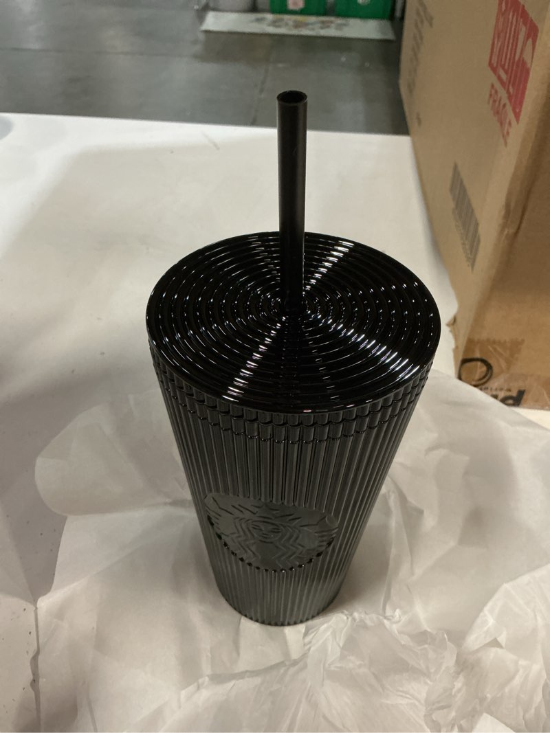 Condition photo showing New/Like New for starbucks shiny black pleated cup winter 2024 16oz cold cup