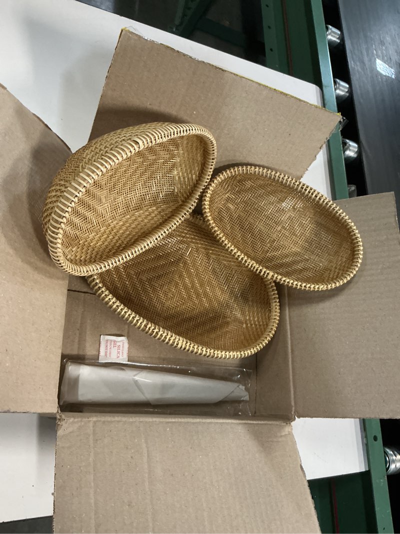 Condition photo showing New/Like New for set of 3 handwoven bamboo & rattan baskets – woven bread basket & fruit bowl for kitchen counter, decorative wicker tray for serving snacks, pastries & table centerpiece set3 handwoven bamboo oval basket