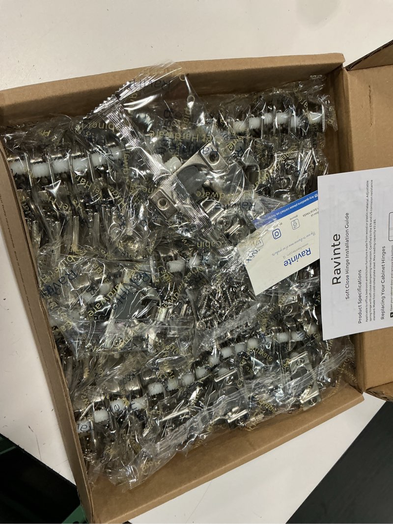 Condition photo showing Good Condition for ravinte 60 pack (30 pairs) 1/2 inch overlay soft close hinges for kitchen cabinets - satin nickel hidden concealed hinge, stainless steel, self closing 1/2 inch overlay 60