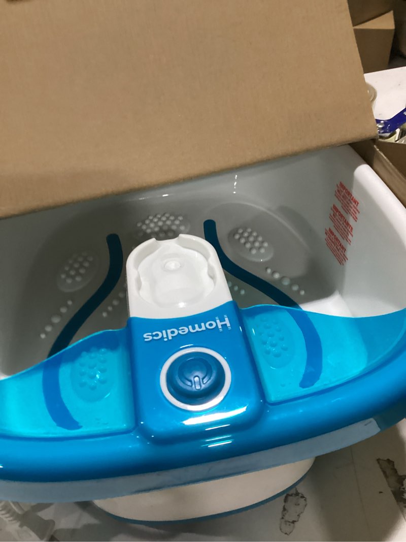 Condition photo showing As Is for homedics bubble mate foot spa, toe touch controlled foot bath with invigorating bubbles and splash proof, raised massage nodes and removable pumice stone