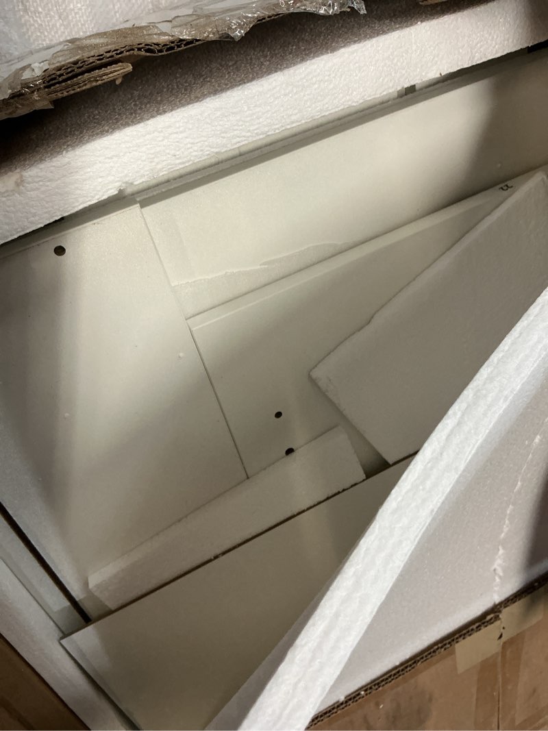 Condition photo showing As Is for Makeup Vanity Desk Set, 35.4“Wx15.7”Dx53.9“H, White (Smart LED Mirror, with Cushion Stool, Hairdryer Rack, Power-Outlet, 4 Drawers, Open Shelves)