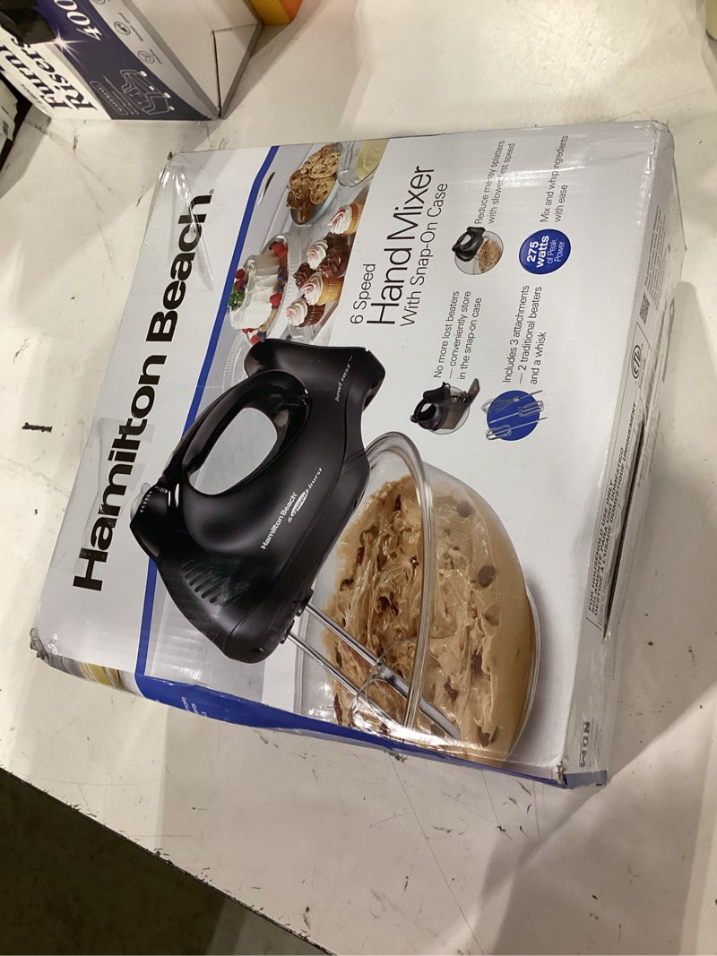 Condition photo showing As Is for hamilton beach power deluxe 6-speed electric hand mixer with quickburst | powerful 250 watt motor | traditional beaters | whisk | snap-on storage case | bowl rest | black | 62692