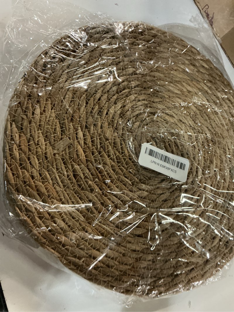 Condition photo showing New/Like New for boho placemats 4/6/8 set of round woven placemat macrame style bicolor stitching long table runner farmhouse rustic natural burlap cotton for kitchen dining table(6 sets,blue,12x72) 6 blue 12x72"