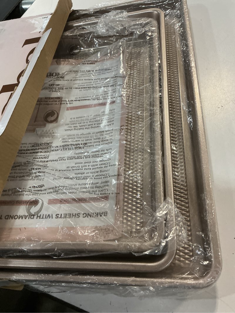 Condition photo showing New/Like New for hongbake baking sheet pan set of 3, cookie sheets for oven, nonstick half/quarter/jelly roll pans with diamond texture pattern, 0.8mm thick heavy duty cookie tray, champagne gold champagne gold (carbon steel)