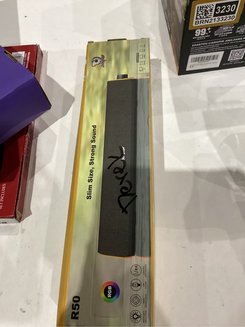 Condition photo showing As Is for SOULION R50 Bluetooth Computer Speakers, 3.5mm PC Sound Bar for Desktop Monitor, Wired USB Powered & Colorful LED Lights with Switch Button, Surround Sound Soundbar PC Spearkers for Computer USB & 3.5 AUX Dark Grey