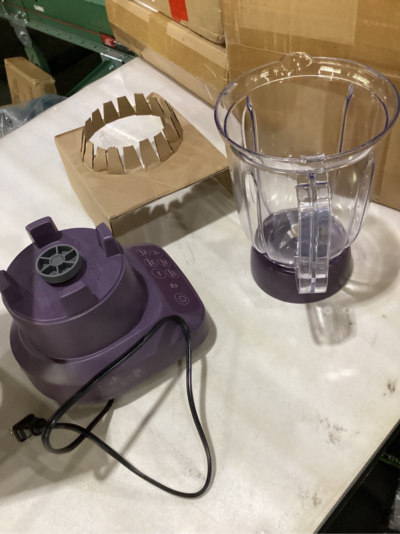 Condition photo showing As Is for bella 10 Speed Countertop Blender, Juicer & Smoothie Maker, Fits-anywhere™ Kitchenware, Slim Flip & Store Design, Dishwasher Safe 48oz Capacity Pitcher & Lid, Stainless Steel Blade, 450 Watt, Plum Plum 6 Cup
