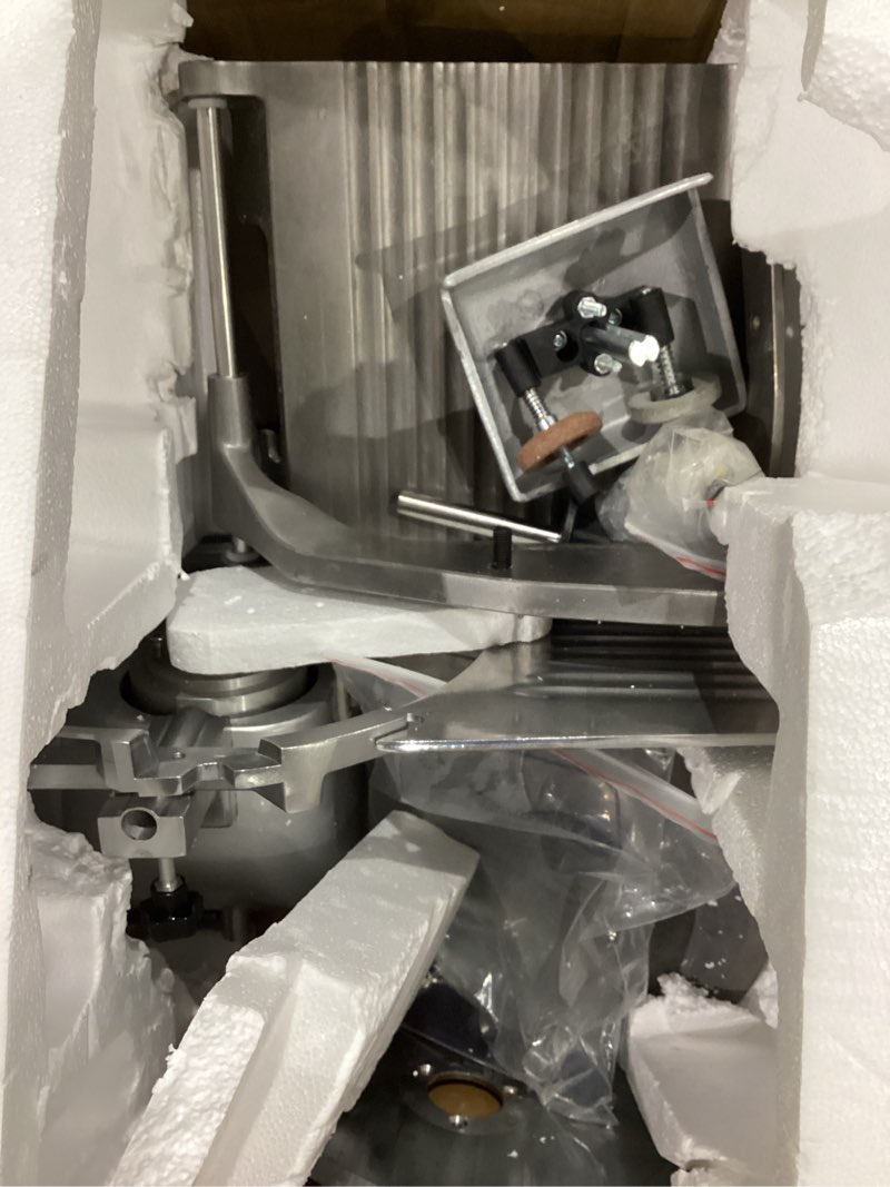 Condition photo showing As Is for meat slicer, 340w electric deli food slicer with 10" sus420 stainless steel blade and built-in sharpening stone, 0-0.6 inch adjustable thickness for commercial and home use, cut meat and cheese 10in-340w