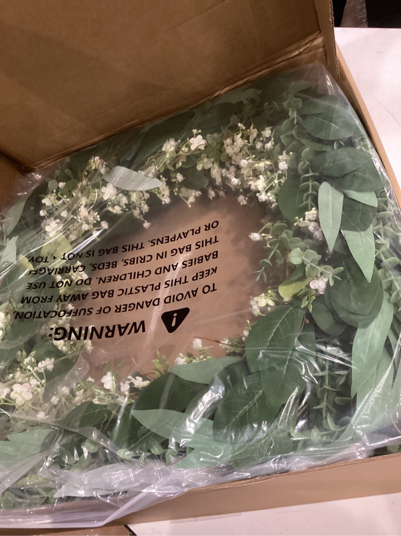 Condition photo showing New/Like New for 32'' eucalyptus and babys breath flowers wreath for front door - large artificial greenery outdoor wreath for porch,window,farmhouse,home,hanging decor- spring, summer, all seasons (green-white) 32"