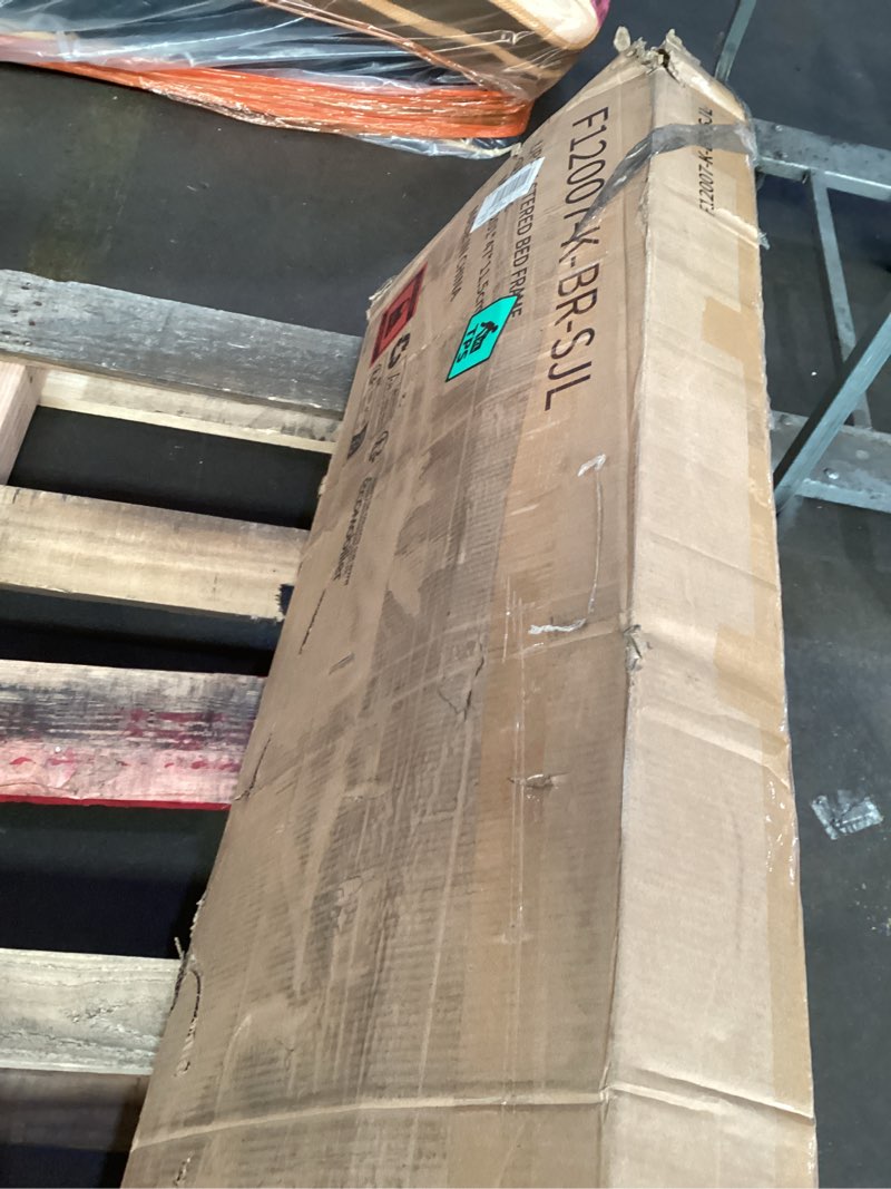 Condition photo showing As Is for avenco king bed frame, upholstered platform bed frame with adjustable headboard, wood slat support, easy assembly, no box spring needed, beige beige king