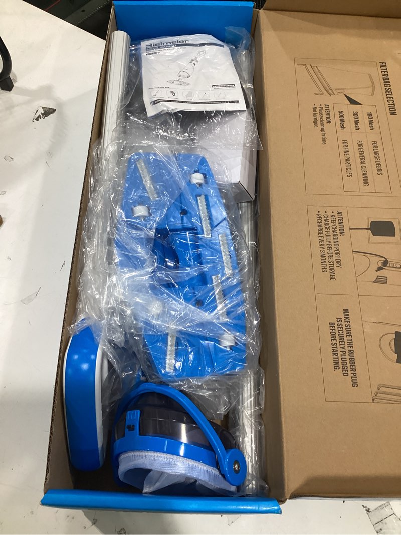 Condition photo showing As Is for bielmeier handheld pool vacuum with telescopic pole, updated swimming pool cleaner 19 gpm powerful suction, cordless pool vacuum for cleaning above ground pools, inground pools, spas, hot tubs