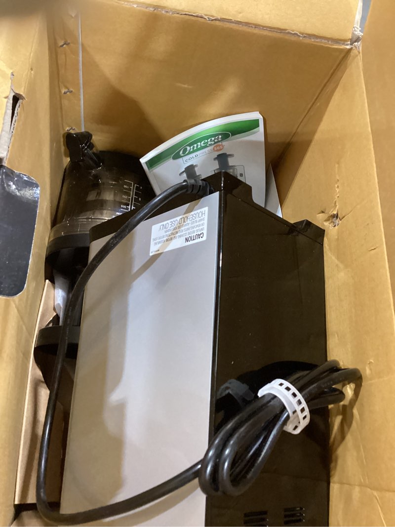 Condition photo showing As Is for omega juicer cold press vertical 43 rpm slow masticating compact juice extractor for fruits and vegetables quiet operation with 3 stage auger automatic pulp ejection and no-drip tap, 150-watts, silver