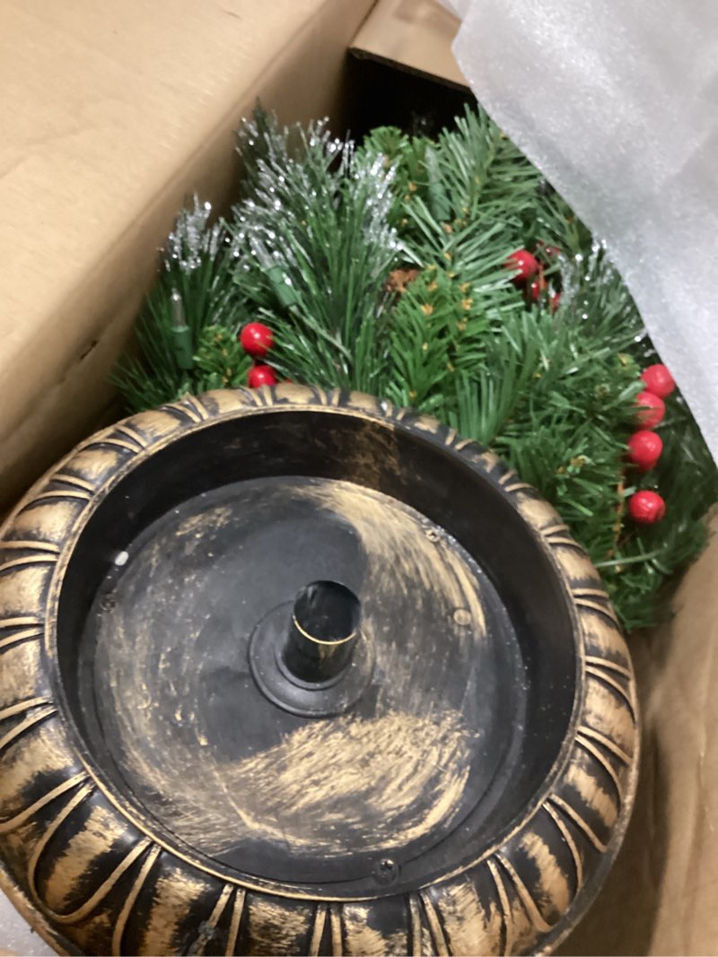 Condition photo showing As Is for National Tree Company 4 ft Pre-Lit Crestwood Spruce Mini Artificial Christmas Entrance Tree, 100 Clear Lights, 230 Tips, Glitter, Pinecones, Red Berries, Gold Rubbed Pedestal Base, Green 4ft Tree