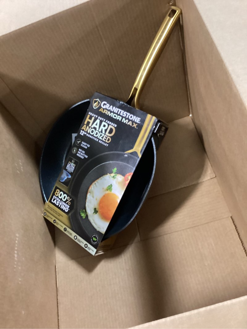 Condition photo showing Good Condition for Granitestone Armor Max 12 Inch Non Stick Frying Pans, Nonstick Skillet Frying Pan, Hard Anodized Aluminum Cooking Pan with Stay Cool Handles, Easy to Clean Pan, Induction, Oven and Dishwasher Safe Black/Gold 12" Frying Pan / Skillet