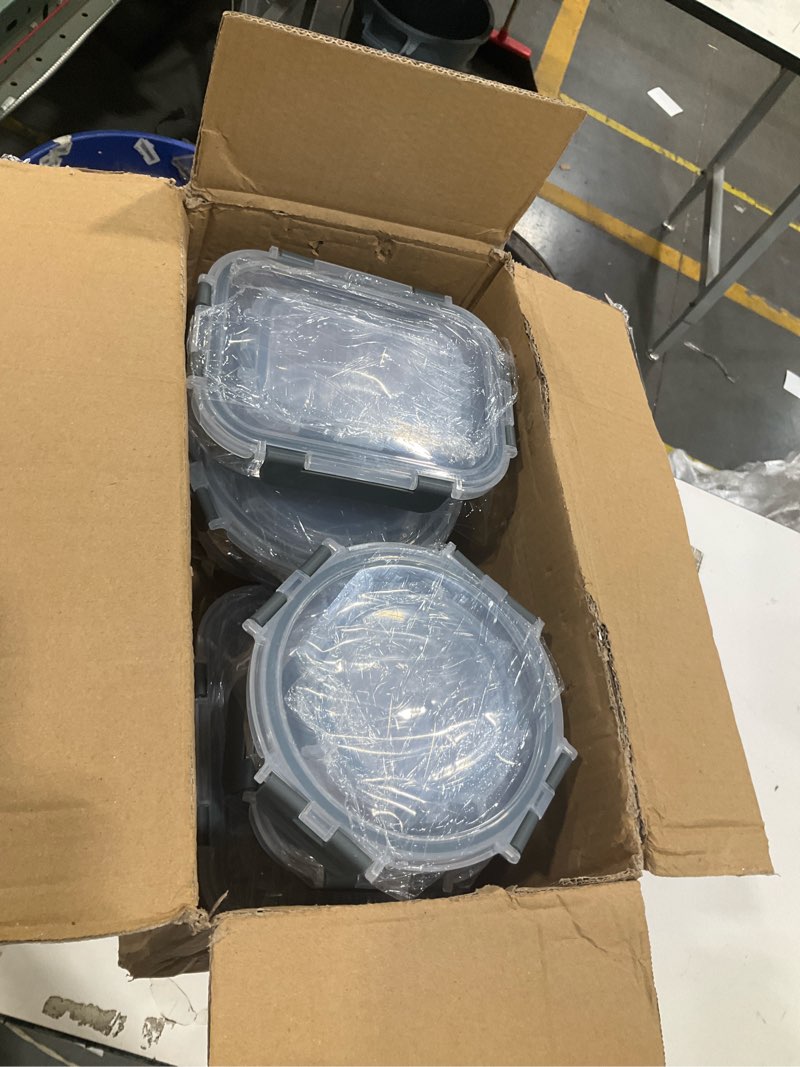 Condition photo showing As Is for incomplete, 6 out of 24, komuee 24 pieces glass food storage containers set,meal prep containers-stackable airtight glass storage containers with lids,freezer, microwave, oven safe,gray