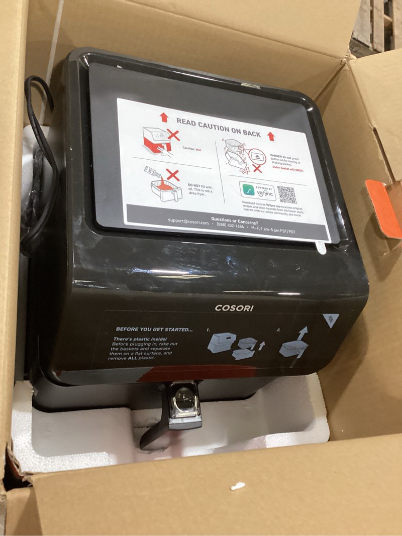 Condition photo showing As Is for cosori 12-in-1 air fryer 5.8qt, toast, bake, nutrition facts for 100+ in-app recipes, adaptiq tech fast cook, for main & side dishes, snacks, leftovers, detachable square basket, dishwasher safe black 5.8 qt