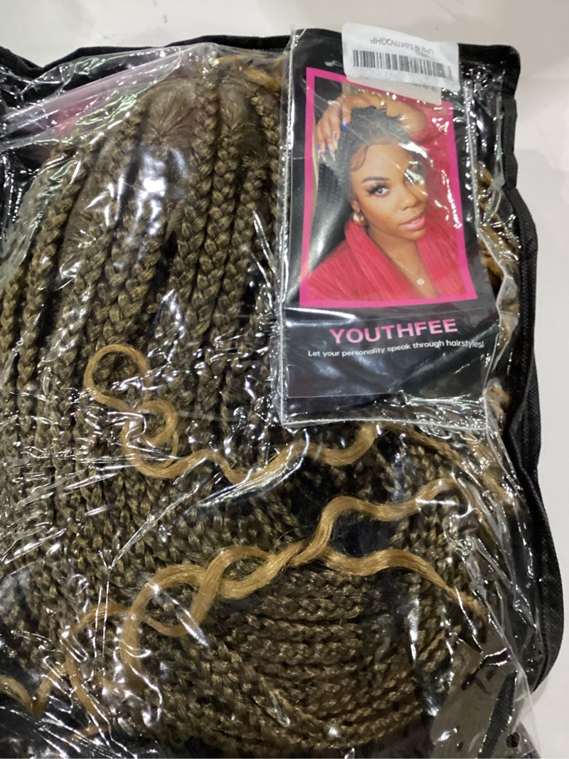 Condition photo showing Good Condition for youthfee 360° hd full lace knotless braided wigs with boho curly ends for women braided lace front wigs with baby hair human hair blended blonde natural box braid wig 36 inch curly light brown 36 inch triangle hd braided wigs with curly ends