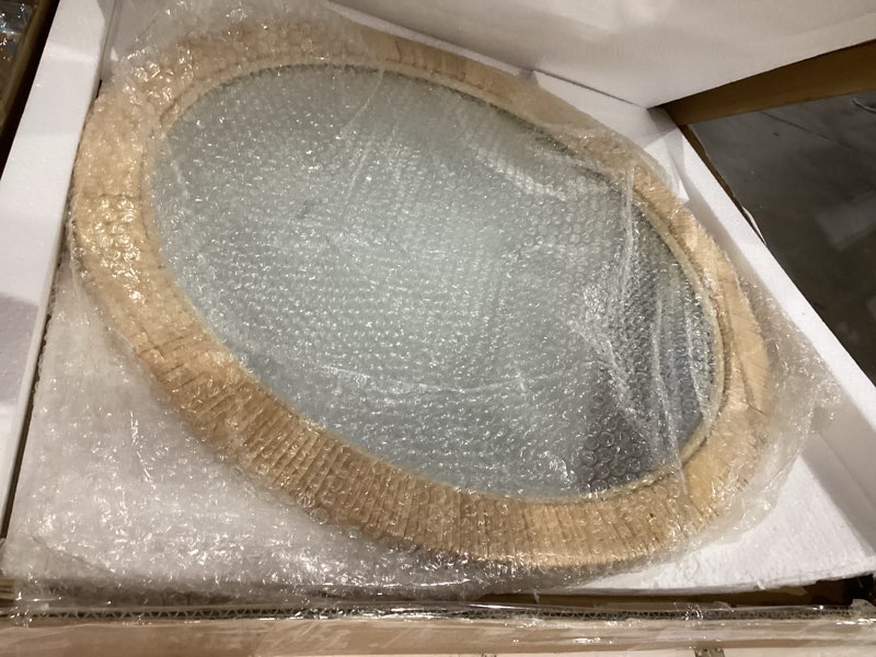 Condition photo showing New/Like New for rattan mirror,round boho bathroom mirror for wall,24" circle wicker vanity mirror for nursery décor,coastal farmhouse wood mirror for bedroom entryway living room 24"l x 24"w nature round