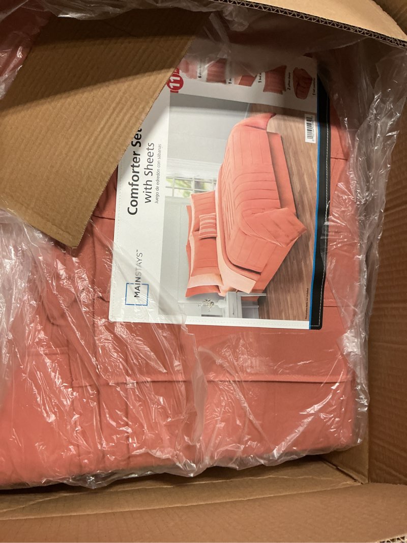 Condition photo showing New/Like New for mainstays 11-piece bed in a bag comforter set with sheets, terracotta texture, full 