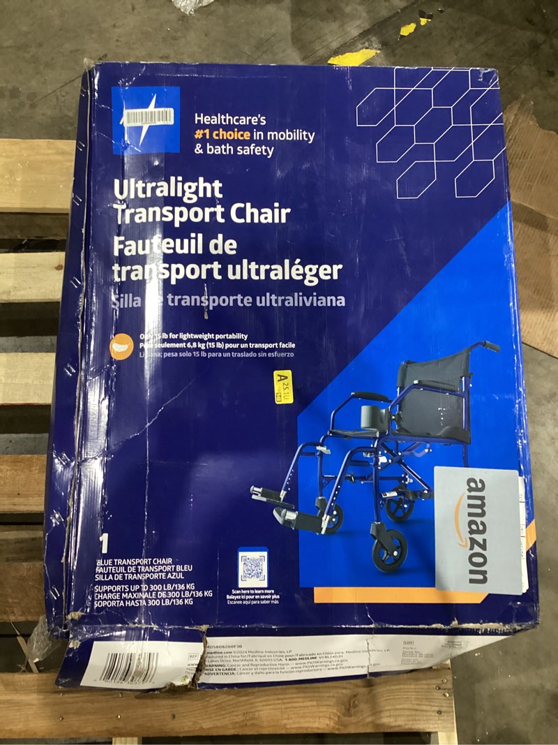 Condition photo showing As Is for Medline Ultra Lightweight Transport Wheelchair for Adults  Foldable  19-Inch Seat Width  Blue Frame  Black Upholstery