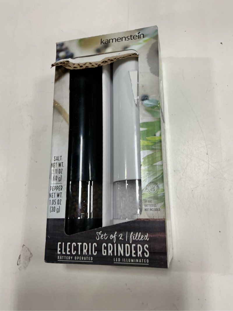 Condition photo showing As Is for kamenstein 8-inch battery operated prefilled salt & pepper grinder set, black & white