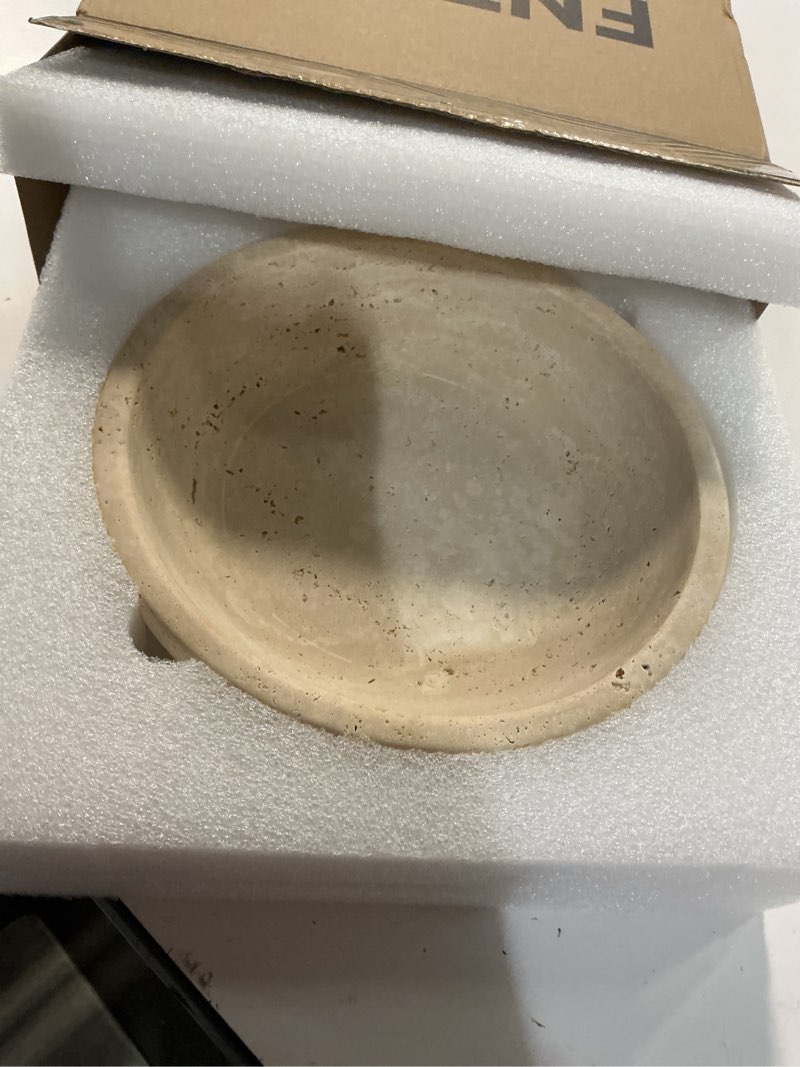 Condition photo showing item condition for Travertine Decorative Bowl - 7.8” Diameter & 2” Height - Key Bowl for Entryway Table - Travertine - Organic Modern Centerpiece - Beige/Natural Beige/Natural - Travertine