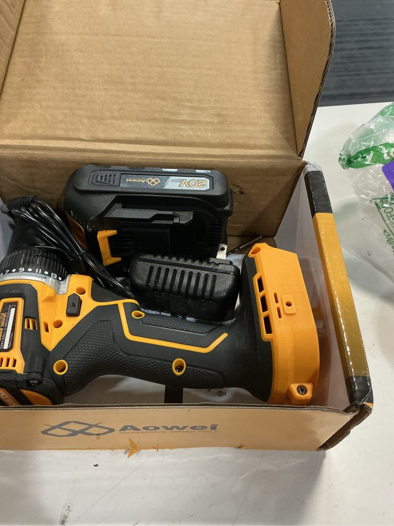 Condition photo showing Good Condition for 20v brushless cordless drill/driver, compact power drill set, yellow rechargeable lithium-ion drill kit, including 2.0ah battery, charger and 3/8-inch keyless chuck