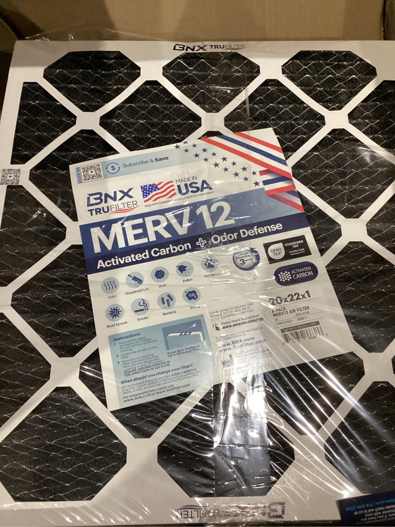 Condition photo showing New/Like New for BNX TruFilter 20x22x1 MERV 12 Odor Defense (6-Pack) AC Furnace Air Filter with Activated Carbon - MADE IN USA - Pleated Air Conditioner HVAC AC Furnace Filters - Removes Odor, Mold, Bacteria, Smoke MERV 12 - Carbon 20x22x1 6-Pack