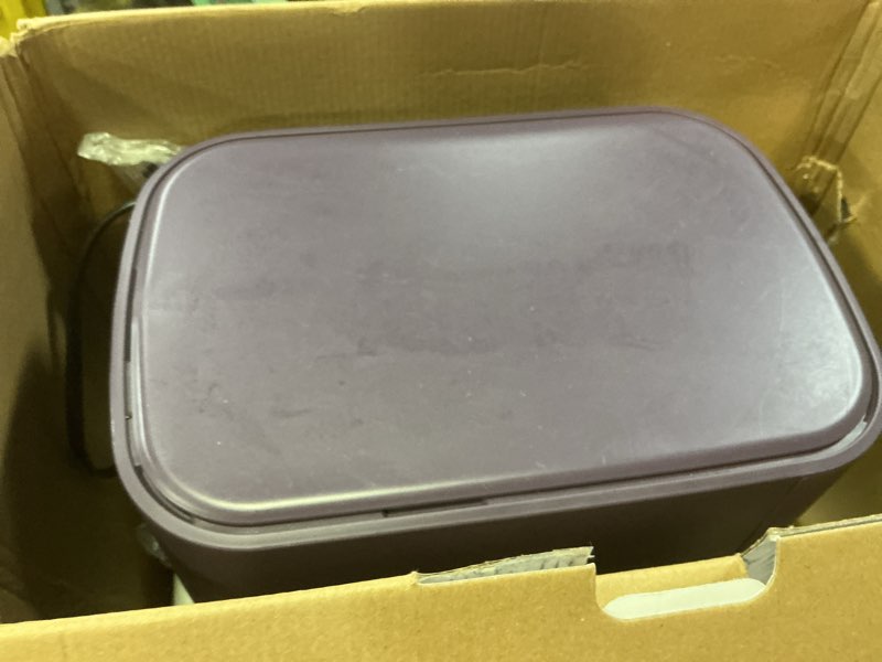 Condition photo showing As Is for bella 4qt slim air fryer, fits-anywhere™ kitchenware, evergood™ ceramic nonstick coating, adjustable temperature, 6 preset cooking options, 60 min auto shutoff w audible tone, 3.3lb capacity, plum 4 qt plum
